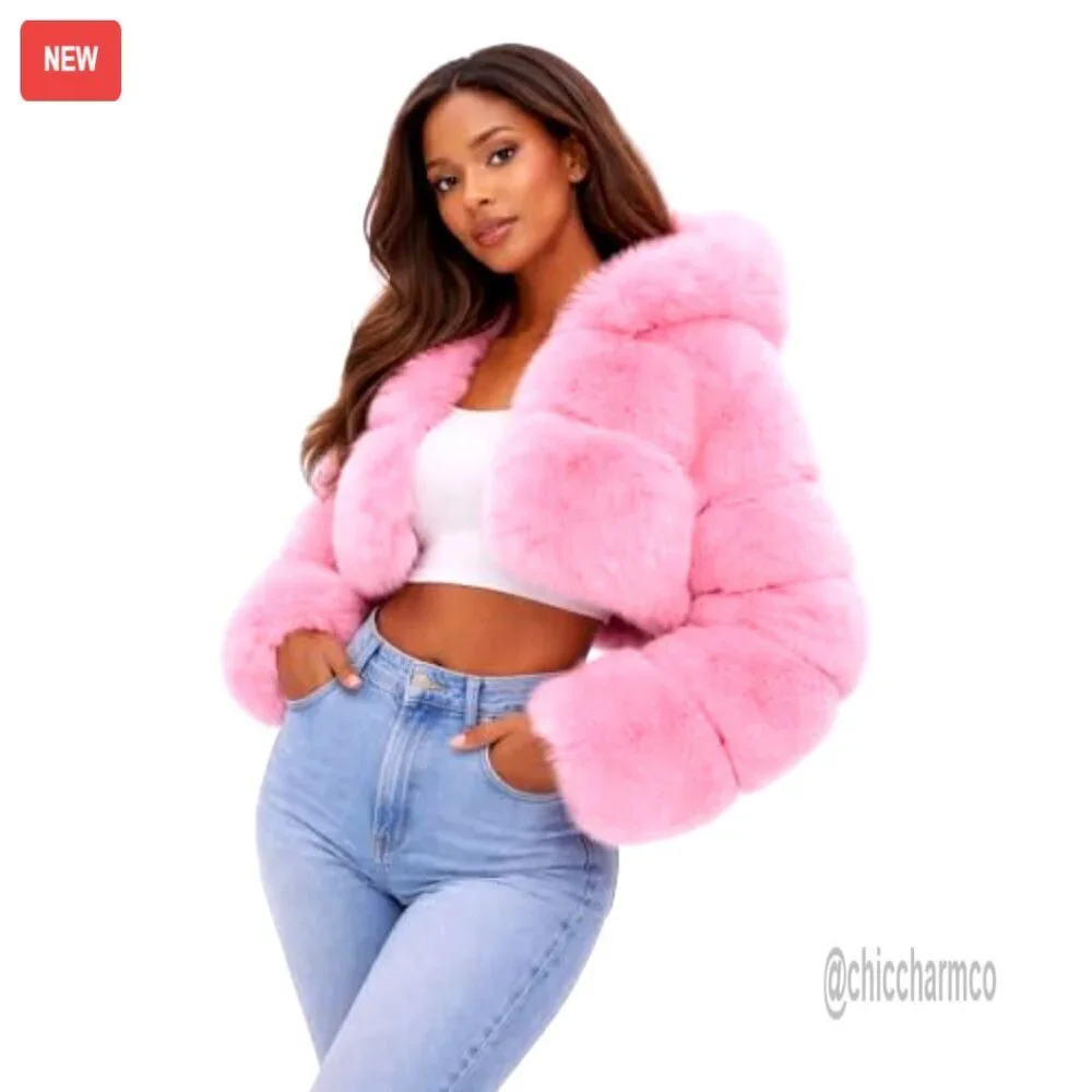 Faux Fox Fur Hooded Bolero Cropped Jacket Luxury Winter Fashion Layered - Picture 2 of 7